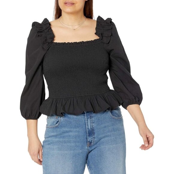 Womens Smocked Peplum Top With Ruffle Trim & 3/4 Sleeves - Black - Picture 2 of 5